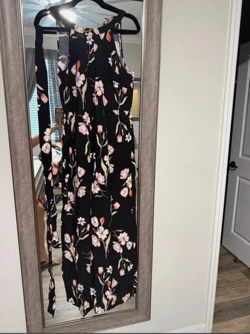 One-Shoulder Black Floral Dress with Tie Waist